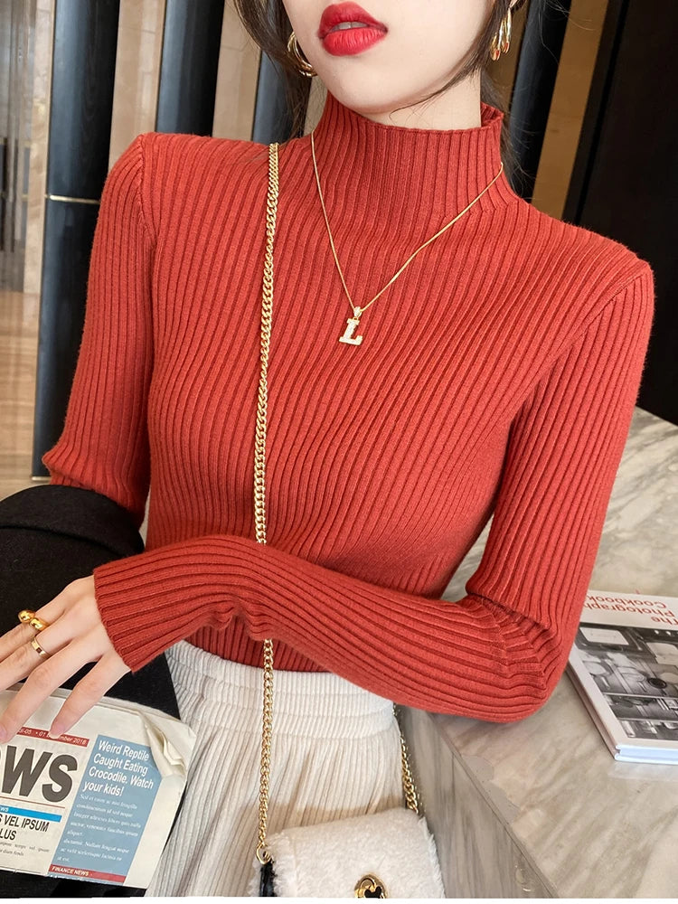 Women’s Turtleneck Knit Sweater – Elegant Solid Color Long Sleeve Basic Top