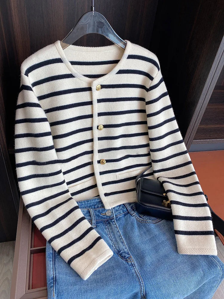 Women’s Striped Knit Cardigan – Stylish Button-Up Sweater Jacket
