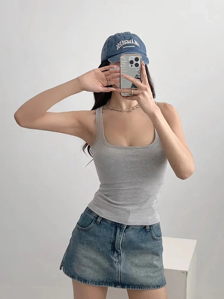 Women’s Square Neck Tank Top – Sculpted Slim Fit Sleeveless Crop Top