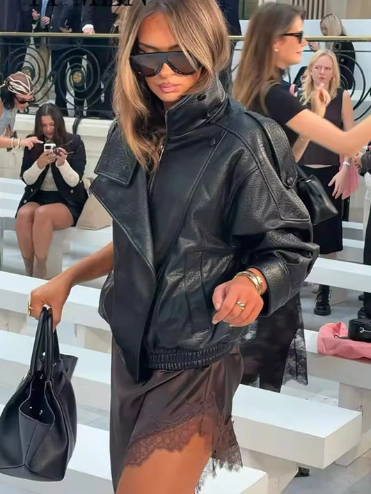 Women’s Black Faux Leather Jacket – Stylish Casual Moto Coat
