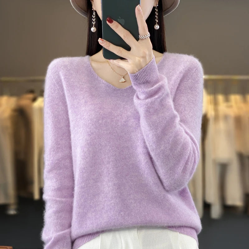 Women’s Pure Wool Cashmere Sweater – V-Neck Soft Knit Pullover