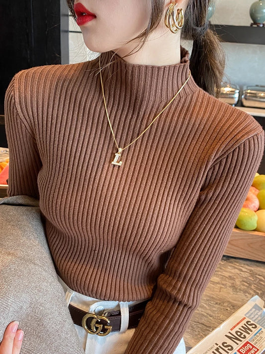 Women’s Turtleneck Knit Sweater – Elegant Solid Color Long Sleeve Basic Top