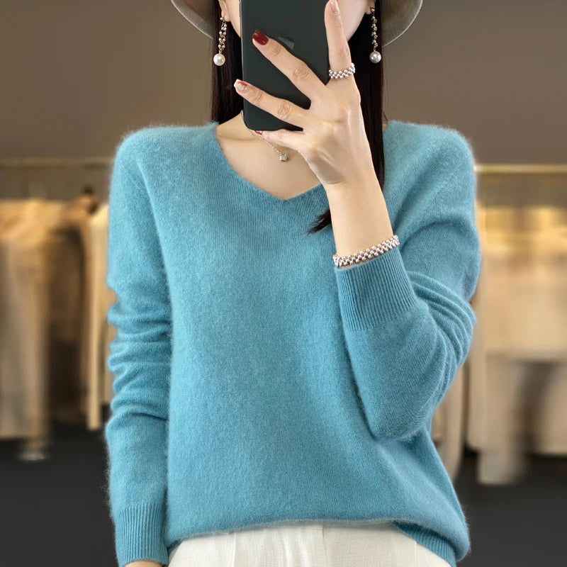 Women’s Pure Wool Cashmere Sweater – V-Neck Soft Knit Pullover