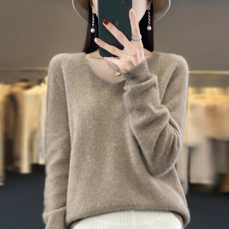 Women’s Pure Wool Cashmere Sweater – V-Neck Soft Knit Pullover