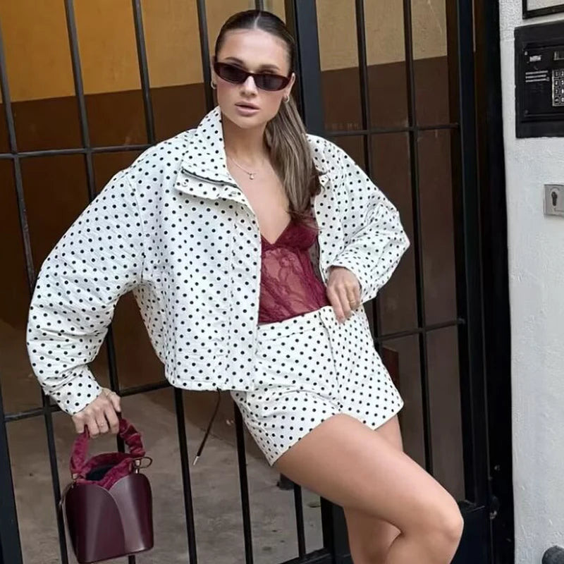 Women’s Polka Dot Bomber Jacket – Casual Lightweight Zip-Up Coat