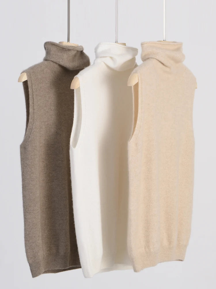 Women’s Merino Wool Sleeveless Sweater – Turtleneck Knit Pullover Vest