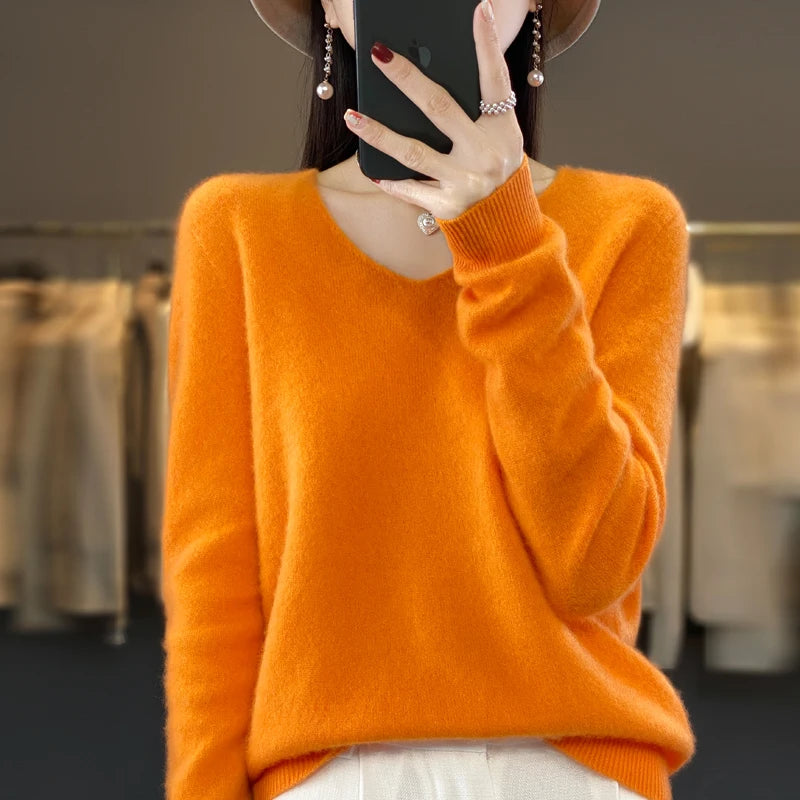 Women’s Pure Wool Cashmere Sweater – V-Neck Soft Knit Pullover