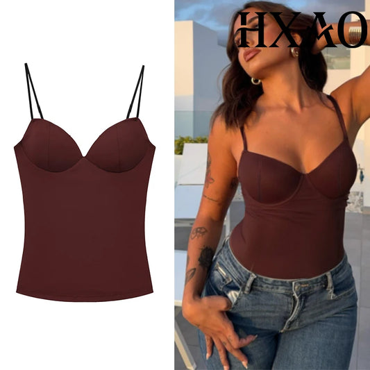 Women’s Strappy Sleeveless Top – Black Brown Slim Fit Tank Shirt