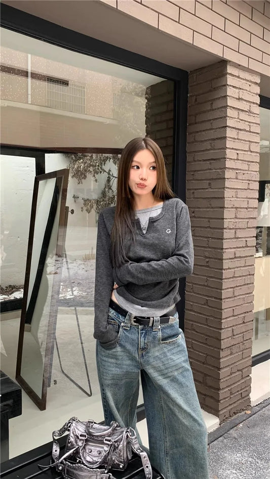 Women’s Long Sleeve Layered T-Shirt – Fake Two Piece Casual Top