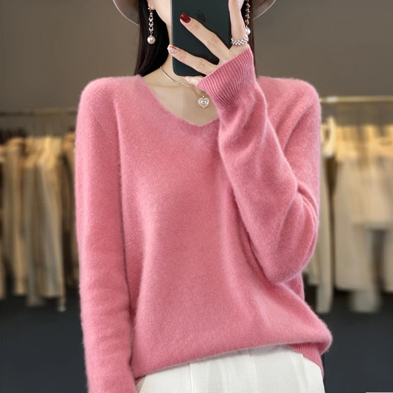 Women’s Pure Wool Cashmere Sweater – V-Neck Soft Knit Pullover