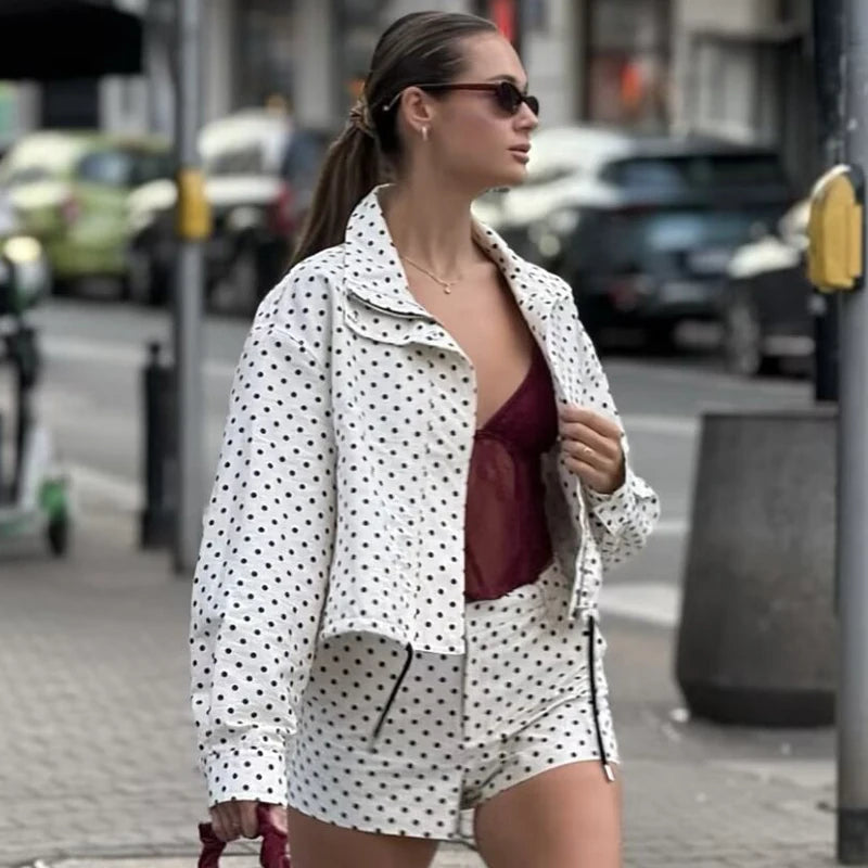 Women’s Polka Dot Bomber Jacket – Casual Lightweight Zip-Up Coat
