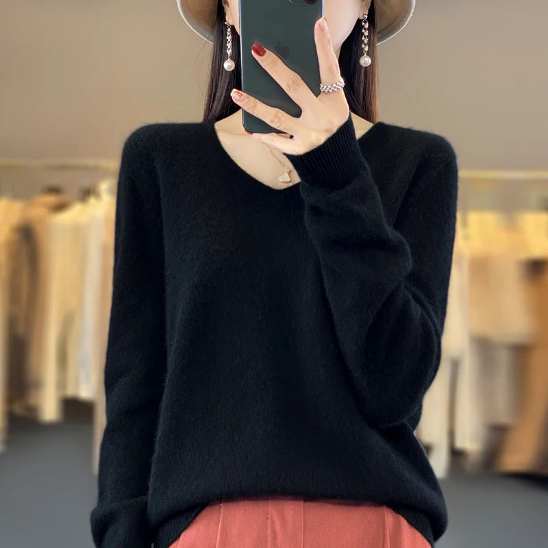 Women’s Pure Wool Cashmere Sweater – V-Neck Soft Knit Pullover