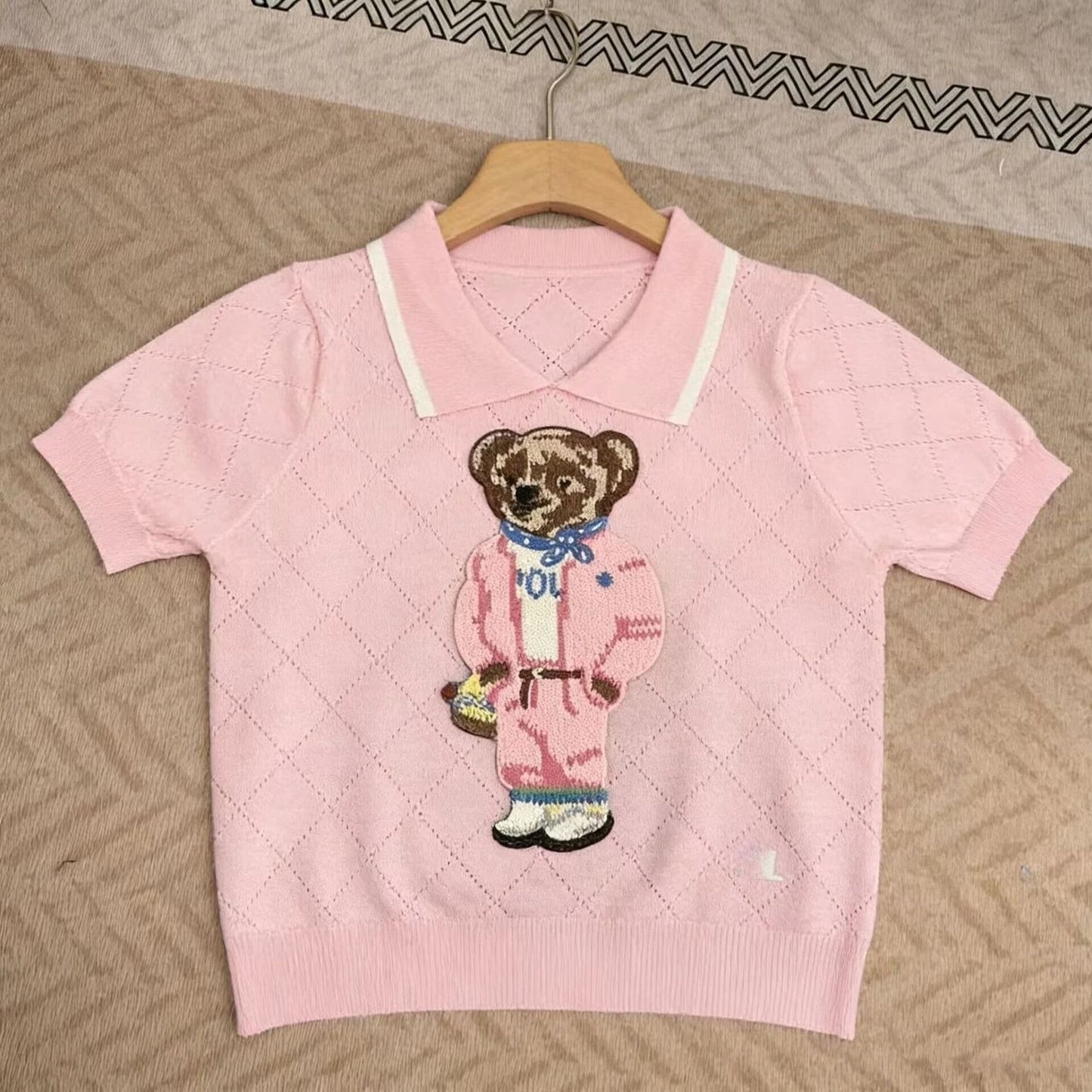 Women’s Pink Cartoon Bear Embroidered Knit Sweater – Cute Short Sleeve Pullover Top
