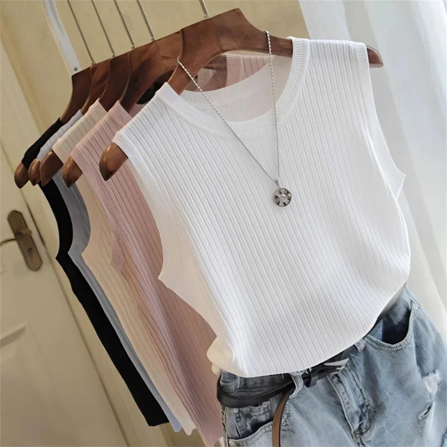 Women’s Sleeveless Knit Blouse – O-Neck Casual Pullover Top