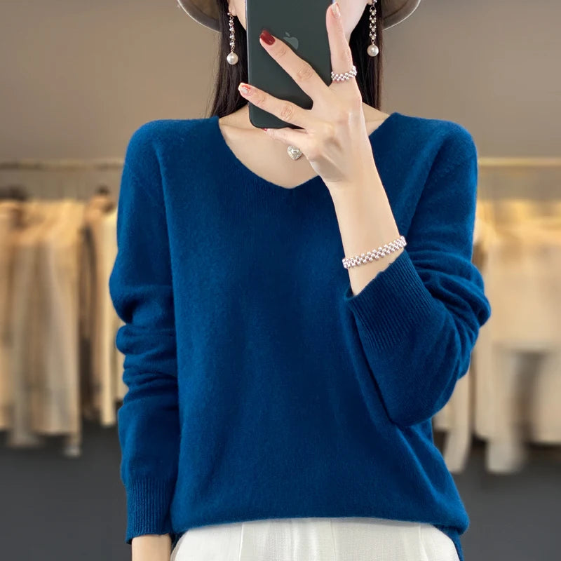 Women’s Pure Wool Cashmere Sweater – V-Neck Soft Knit Pullover