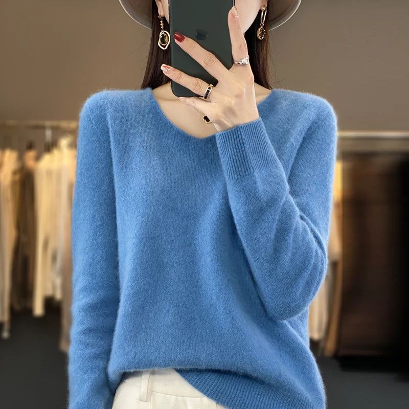 Women’s Pure Wool Cashmere Sweater – V-Neck Soft Knit Pullover