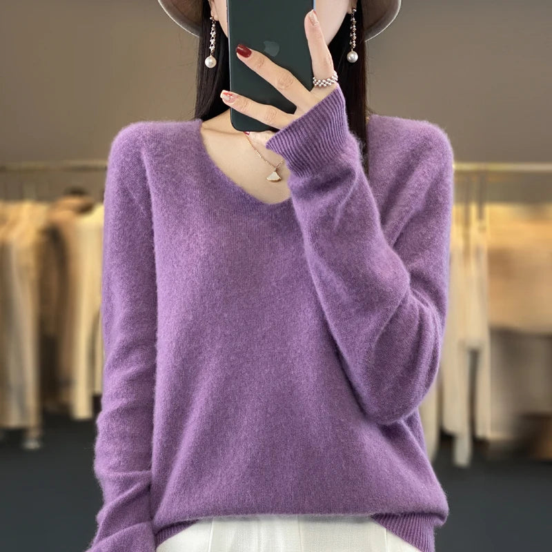 Women’s Pure Wool Cashmere Sweater – V-Neck Soft Knit Pullover