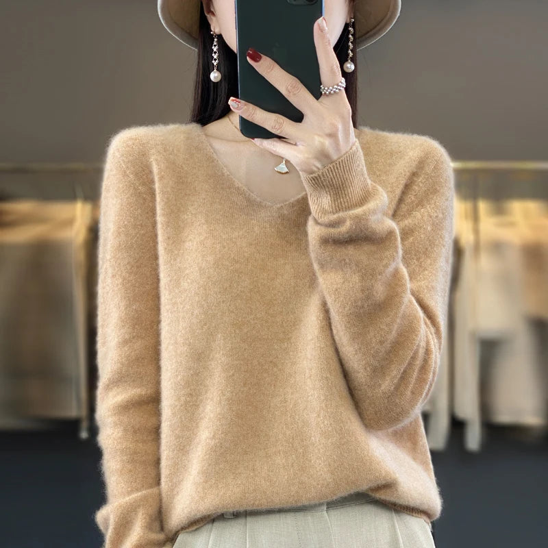 Women’s Pure Wool Cashmere Sweater – V-Neck Soft Knit Pullover