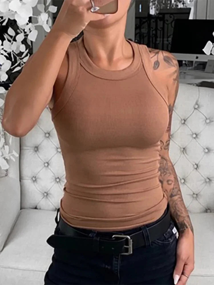 Women’s Ribbed Tank Top – Solid Color Round Neck Sleeveless Top