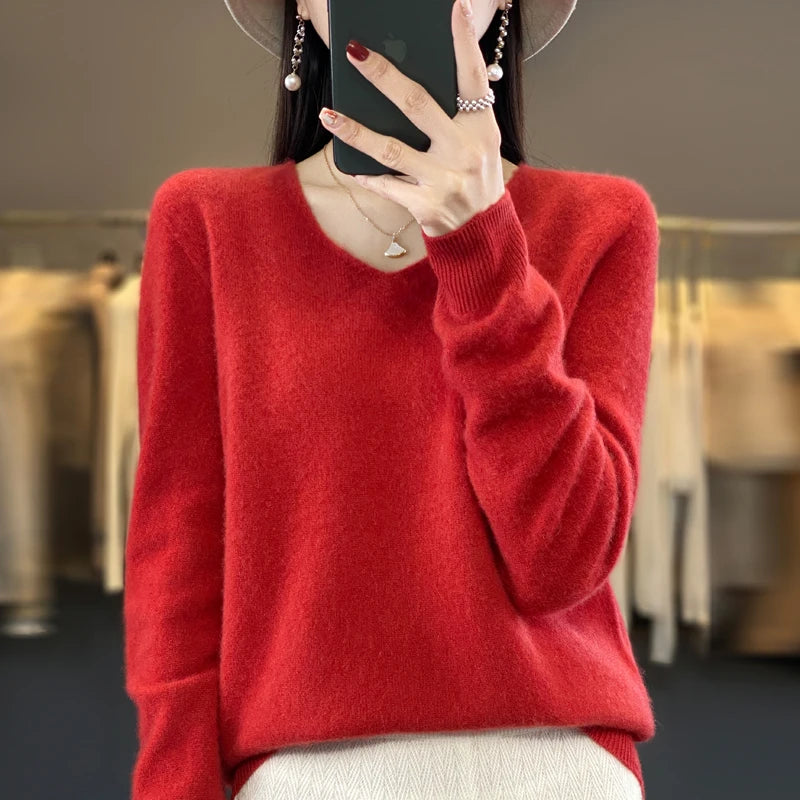 Women’s Pure Wool Cashmere Sweater – V-Neck Soft Knit Pullover