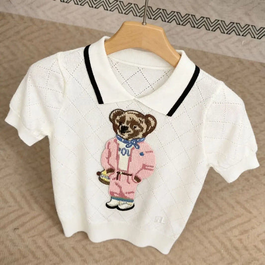 Women’s Pink Cartoon Bear Embroidered Knit Sweater – Cute Short Sleeve Pullover Top