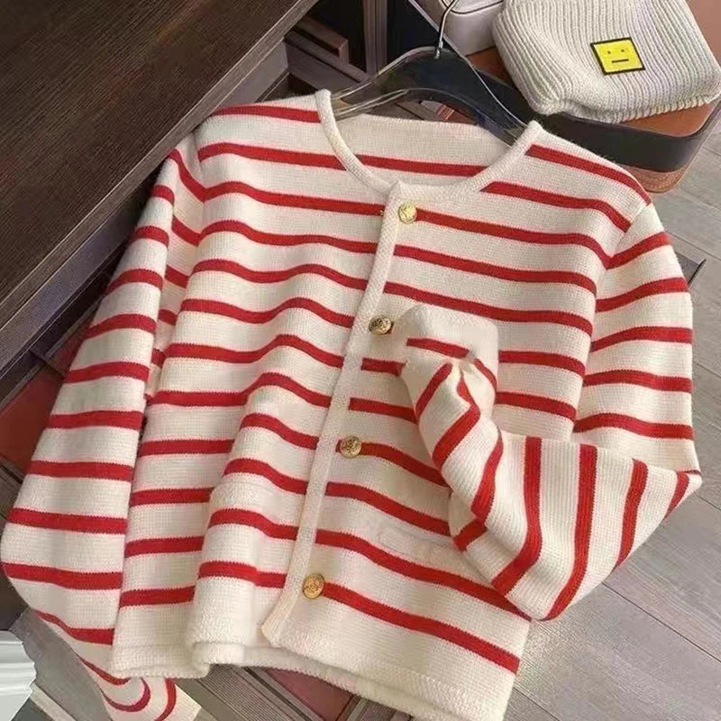 Women’s Striped Knit Cardigan – Stylish Button-Up Sweater Jacket