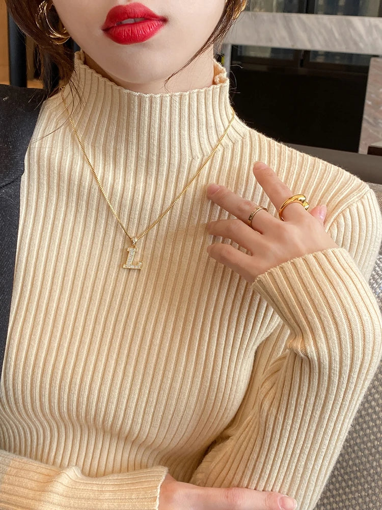 Women’s Turtleneck Knit Sweater – Elegant Solid Color Long Sleeve Basic Top