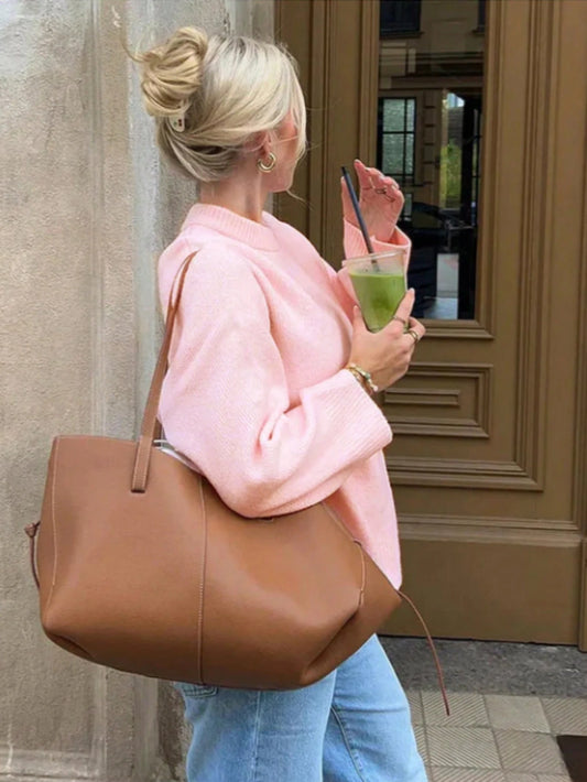 Women’s Oversized Pink Mock Neck Knit Sweater – Cozy Soft Pullover