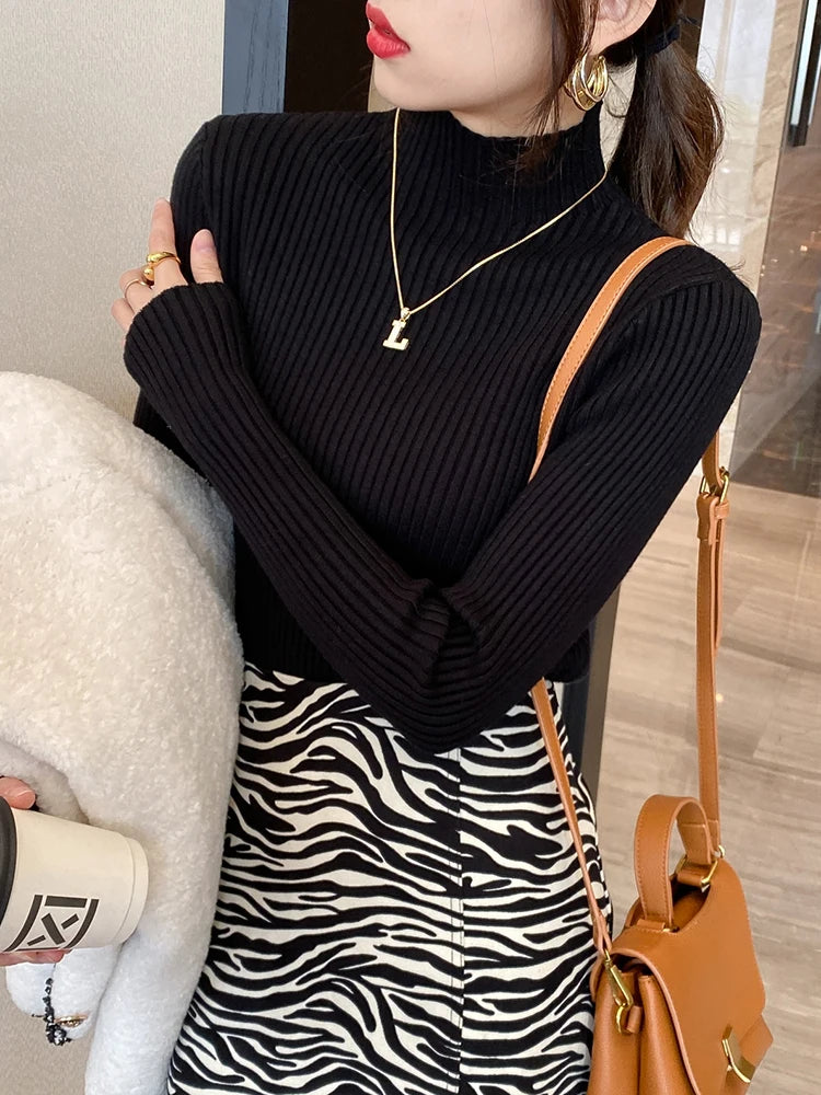 Women’s Turtleneck Knit Sweater – Elegant Solid Color Long Sleeve Basic Top