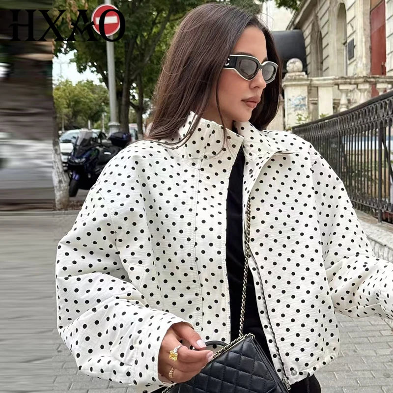 Women’s Polka Dot Bomber Jacket – Casual Lightweight Zip-Up Coat