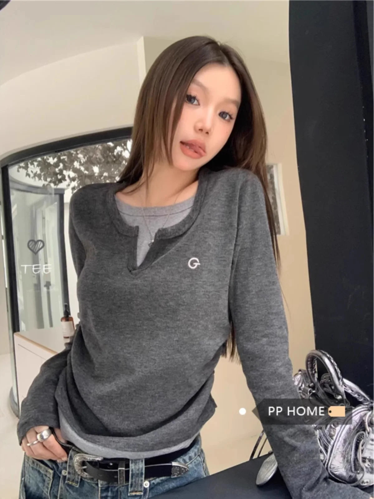 Women’s Long Sleeve Layered T-Shirt – Fake Two Piece Casual Top