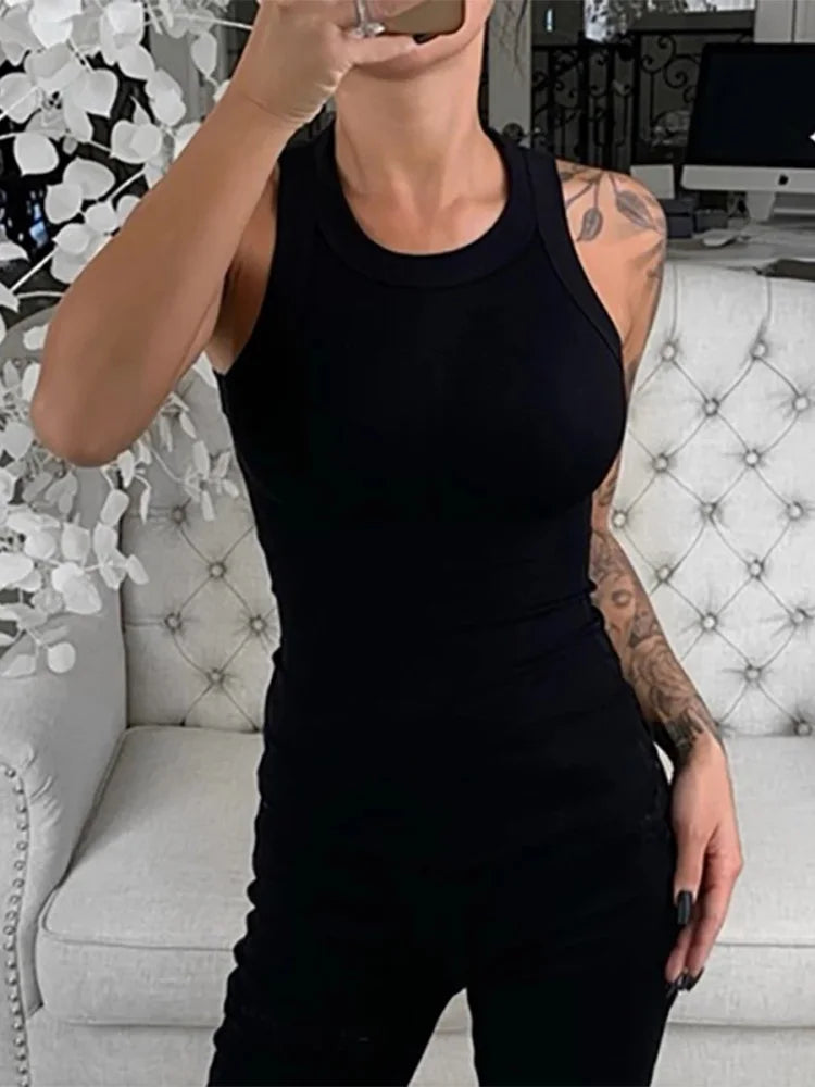 Women’s Ribbed Tank Top – Solid Color Round Neck Sleeveless Top