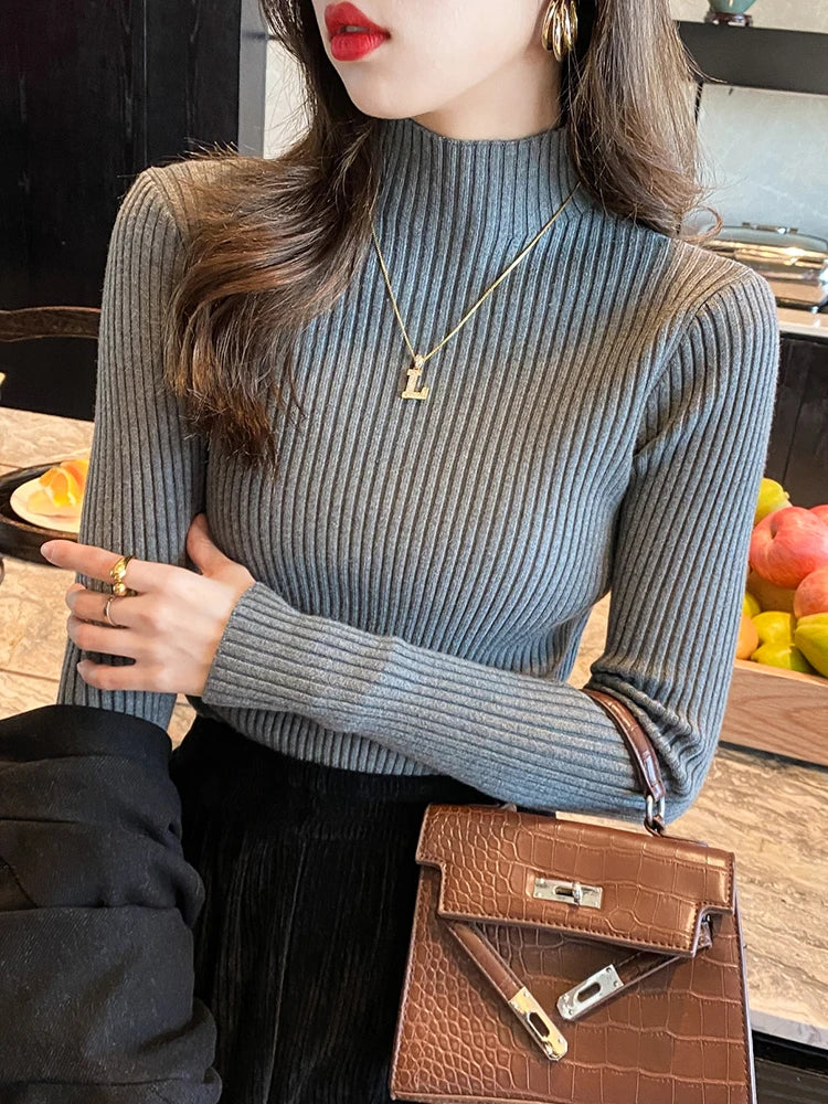 Women’s Turtleneck Knit Sweater – Elegant Solid Color Long Sleeve Basic Top