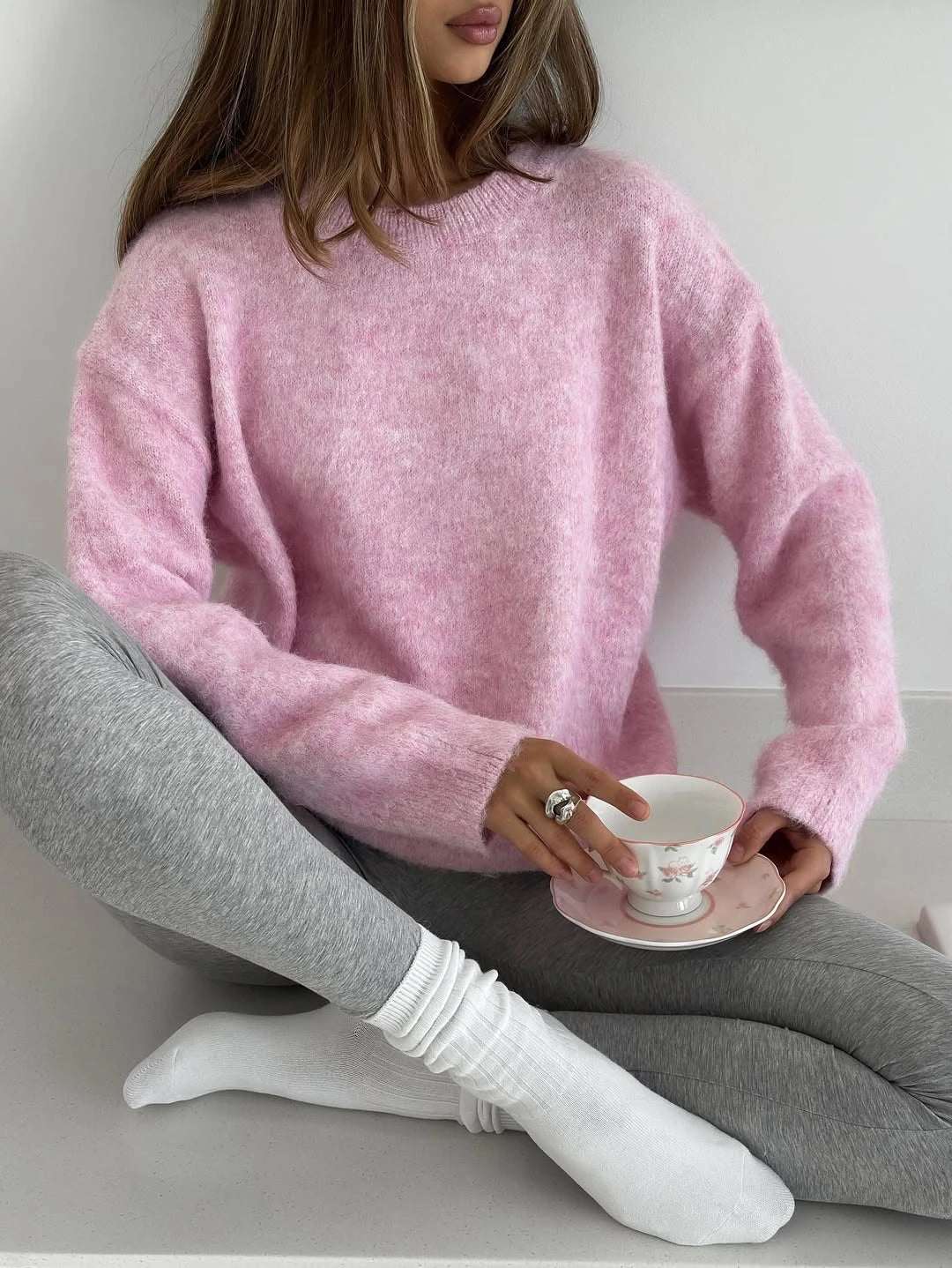 Women’s O Neck Knit Sweater – Basic Long Sleeve Pullover Top