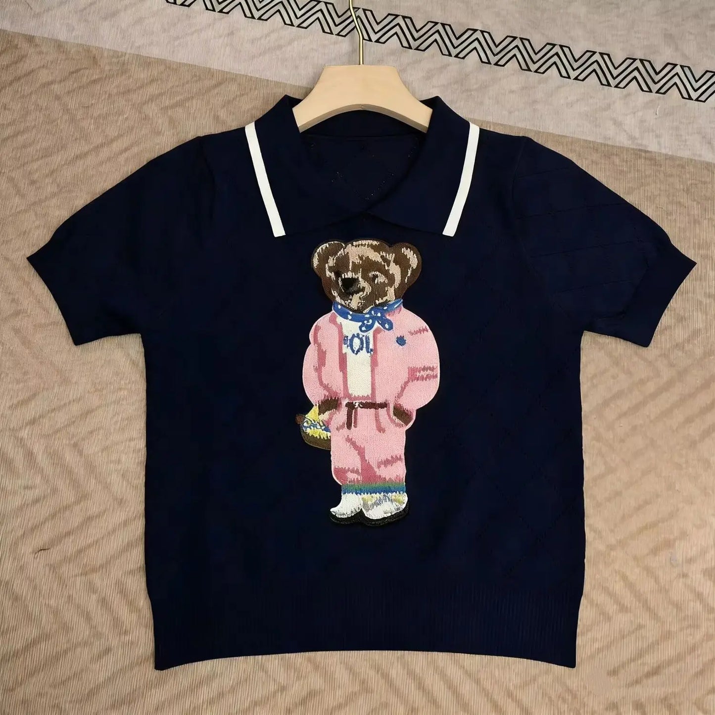 Women’s Pink Cartoon Bear Embroidered Knit Sweater – Cute Short Sleeve Pullover Top