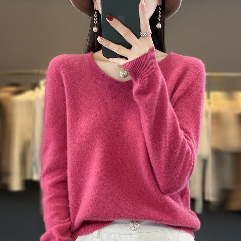 Women’s Pure Wool Cashmere Sweater – V-Neck Soft Knit Pullover