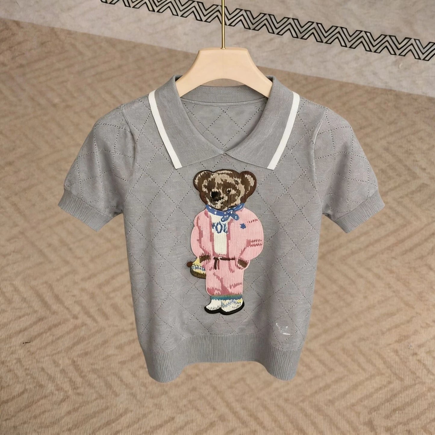Women’s Pink Cartoon Bear Embroidered Knit Sweater – Cute Short Sleeve Pullover Top