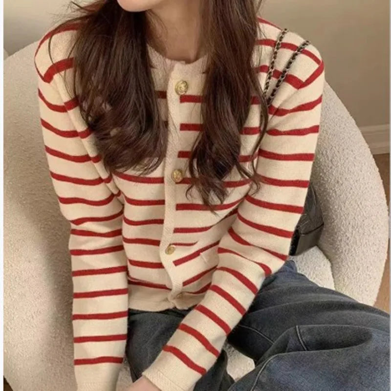 Women’s Striped Knit Cardigan – Stylish Button-Up Sweater Jacket