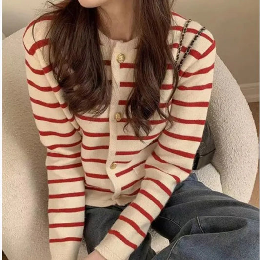 Women’s Striped Knit Cardigan – Stylish Button-Up Sweater Jacket