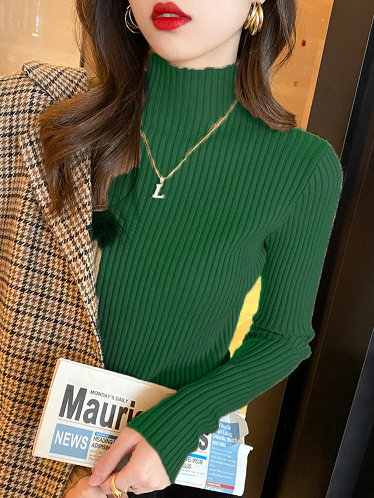 Women’s Turtleneck Knit Sweater – Elegant Solid Color Long Sleeve Basic Top