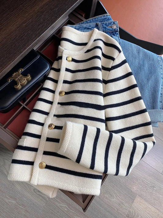 Women’s Striped Knit Cardigan – Stylish Button-Up Sweater Jacket