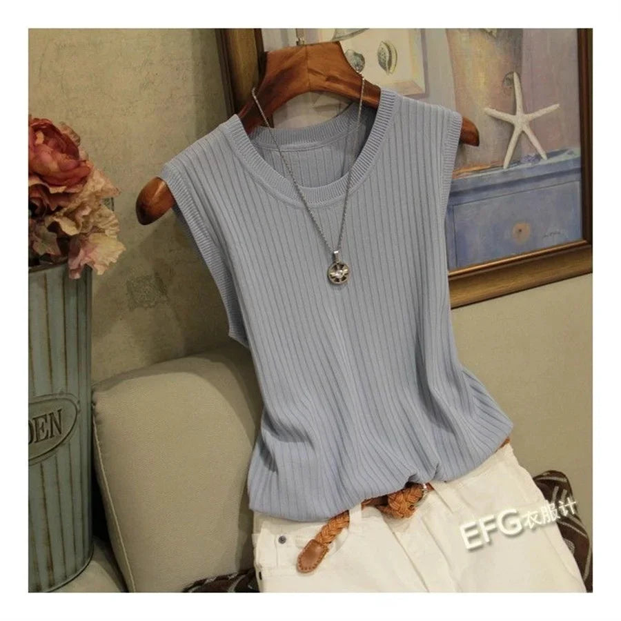 Women’s Sleeveless Knit Blouse – O-Neck Casual Pullover Top