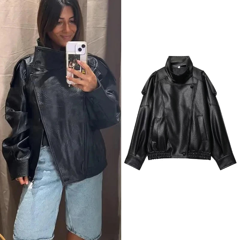 Women’s Black Faux Leather Jacket – Chic Casual Moto Coat