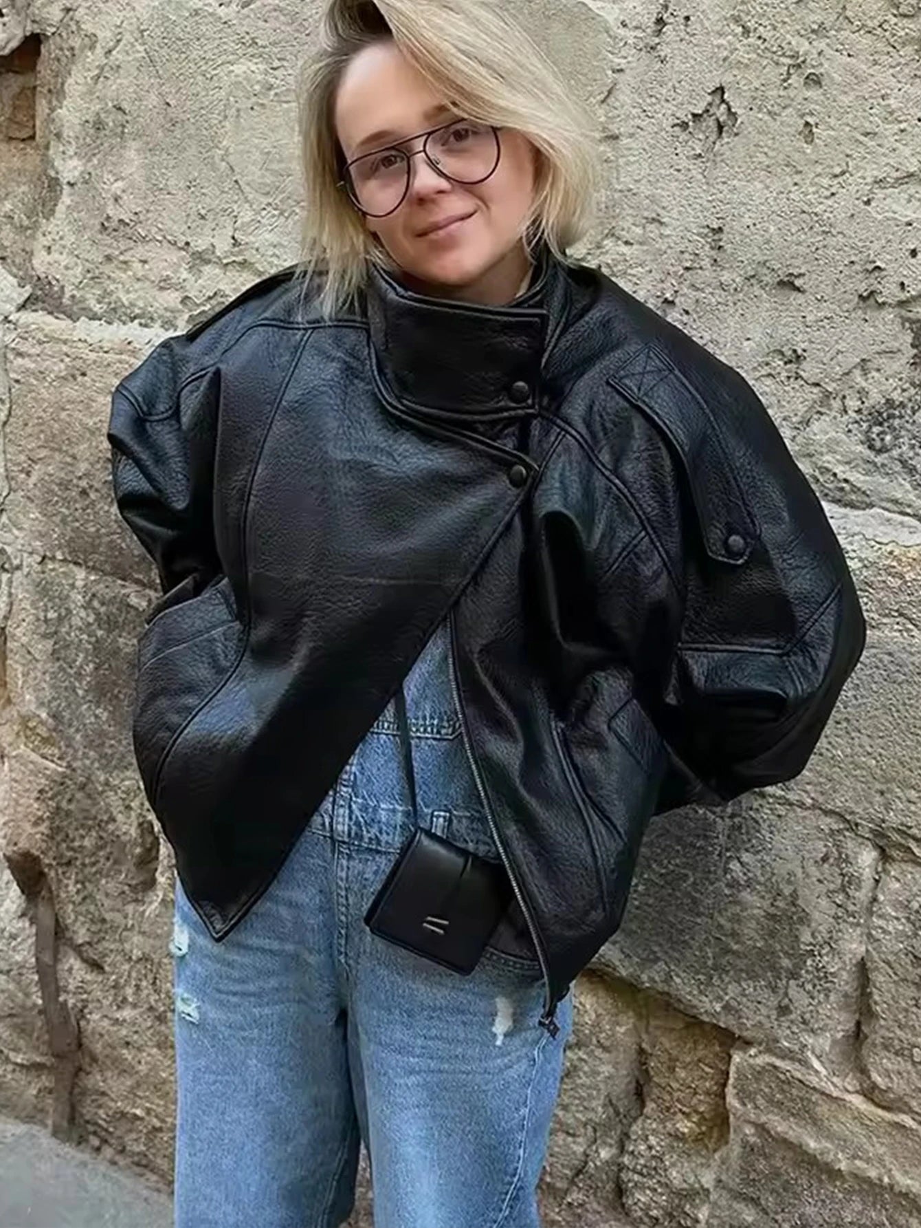 Women’s Black Faux Leather Jacket – Chic Casual Moto Coat