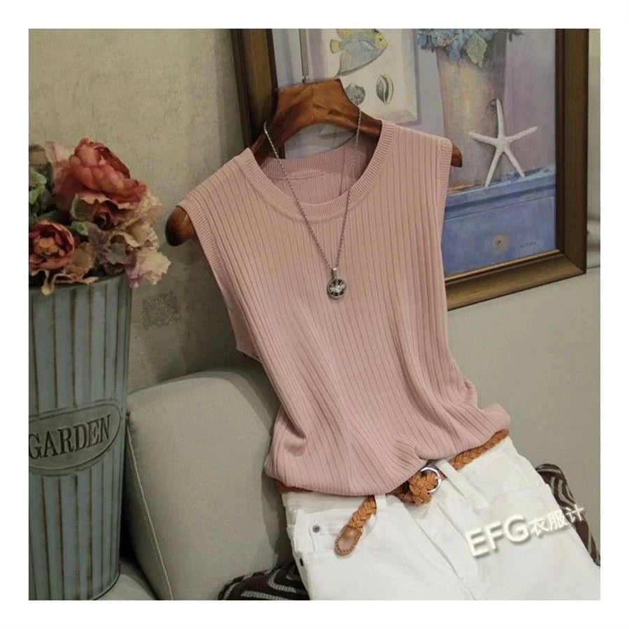 Women’s Sleeveless Knit Blouse – O-Neck Casual Pullover Top