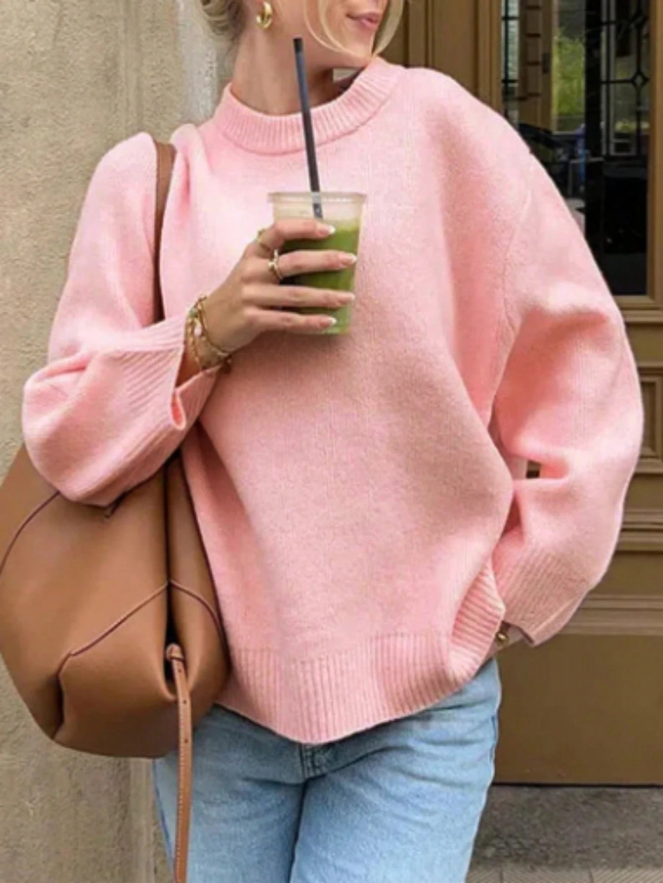 Women’s Oversized Pink Mock Neck Knit Sweater – Cozy Soft Pullover