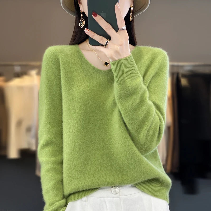 Women’s Pure Wool Cashmere Sweater – V-Neck Soft Knit Pullover