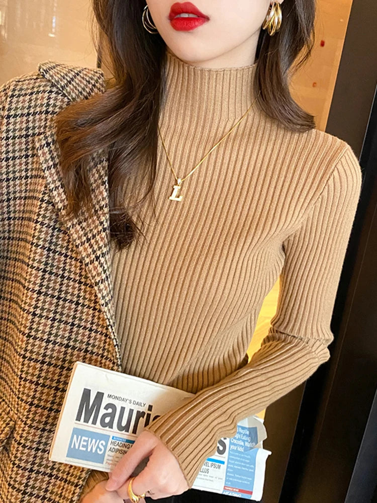 Women’s Turtleneck Knit Sweater – Elegant Solid Color Long Sleeve Basic Top