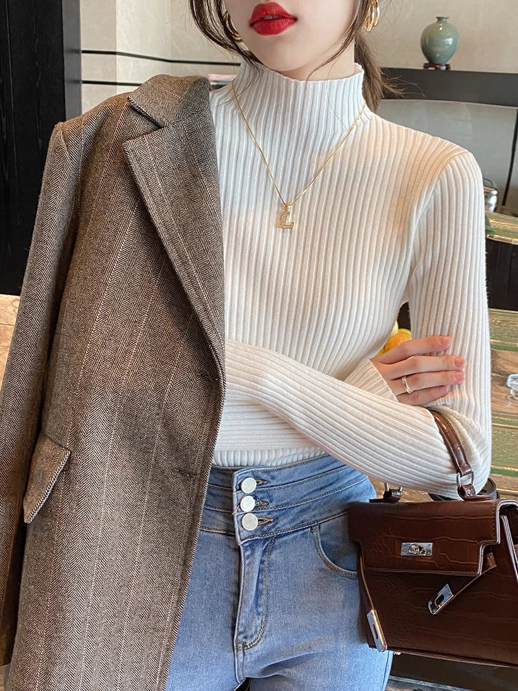 Women’s Turtleneck Knit Sweater – Elegant Solid Color Long Sleeve Basic Top