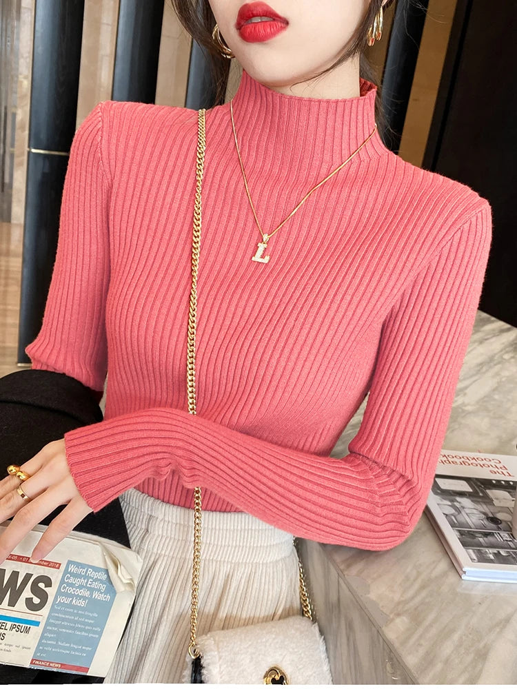 Women’s Turtleneck Knit Sweater – Elegant Solid Color Long Sleeve Basic Top